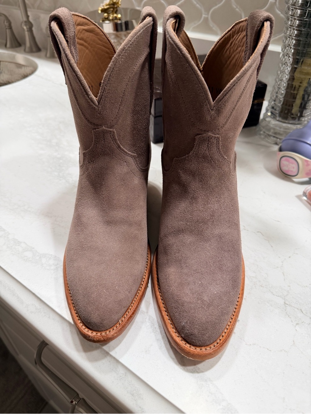 Tecovas Women's Suede Western Bootie - Taupe - worn once!